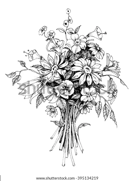 Illustration en noir et blanc d’un bouquet de fleurs et de feuillages.