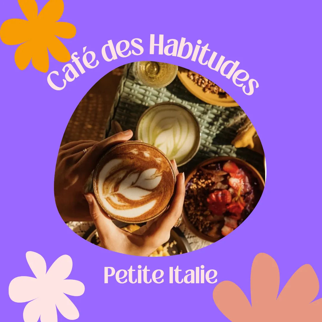 Deux cafés latte et un bol de fruits sur une table, avec le texte « Café des Habitudes – Petite Italie ».