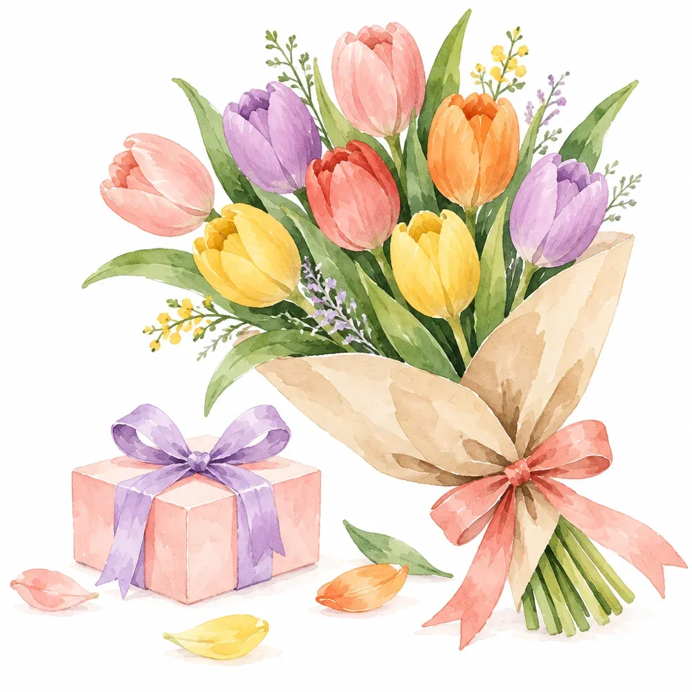 Illustration à l’aquarelle d’une boîte cadeau et d’un bouquet de tulipes