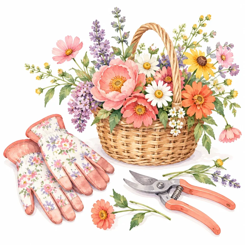 Illustration à l’aquarelle de gants de jardinage, d’un sécateur et d’un panier de fleurs