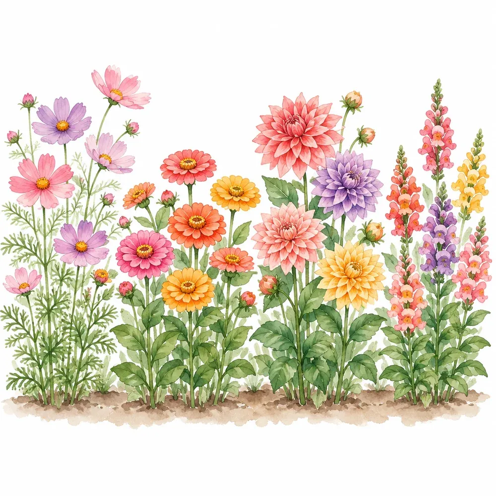 Illustration à l’aquarelle de rangs de fleurs en été