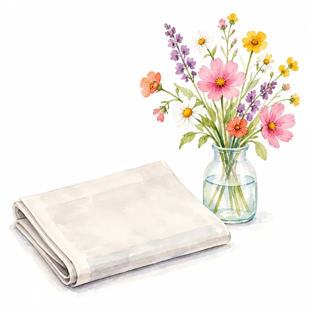 Illustration à l’aquarelle d’un journal plié et d’un petit vase de fleurs